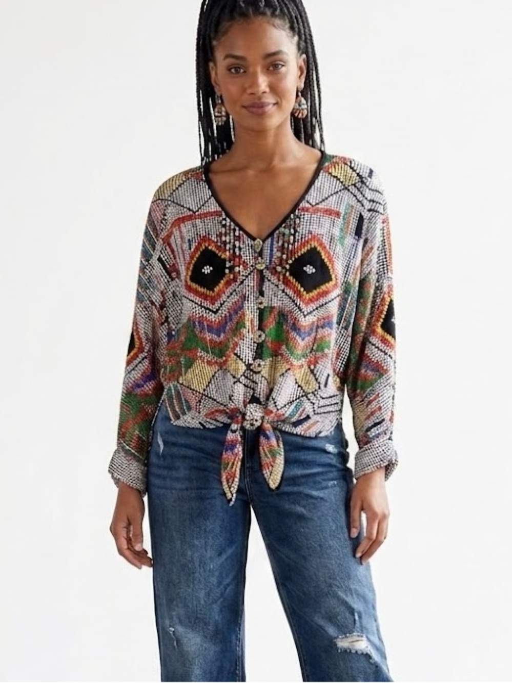 Vintage Platinum Petites By Dorothy Schoelen Multicolor Geometric Blouse Beaded